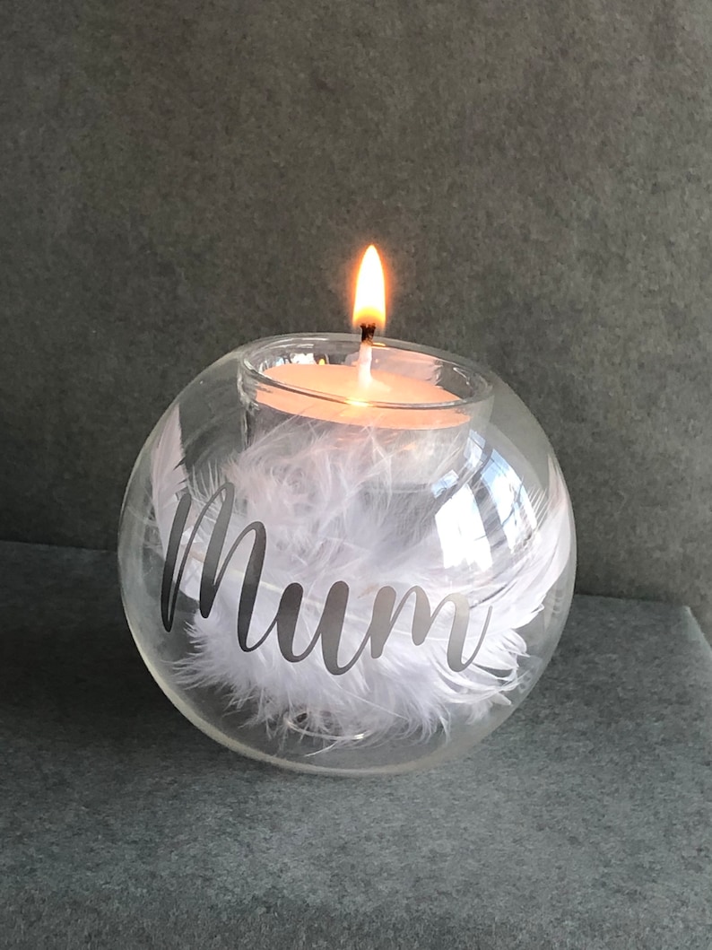 Personalised Memorial Glass Candle Holder Tea Light Holder With White Feathers Lost Loved Ones Mum,Dad,Nan, Grandad, Any Name image 2