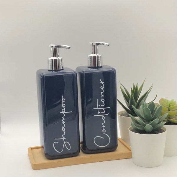 Navy Blue Square Bottle With Silver Pump | 500ml Refillable Reusable Soap Dispenser Any Word | Shampoo Conditioner Wash