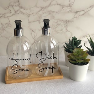 Clear Bell Bottle with Silver/Black Pump |500ml Refillable Reusable Plastic Dispenser | Personalised With Any Word| With/Without Bamboo Tray