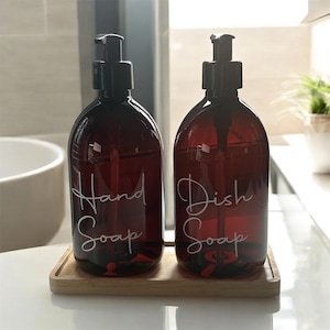 Amber Brown Bottle with Black Pump | 500ml Refillable Reusable Plastic Dispenser |  With/Without Bamboo Tray | Any Word |