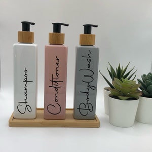 White,Pink & Grey Square Bottles With Black Bamboo Pumps | 250ml Refillable Reusable Plastic Bottle | Any Word | Bamboo Tray Set Of 3