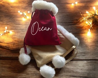 Personalised Velvet Christmas Treat Bag: Red or Gold, Xmas Favour