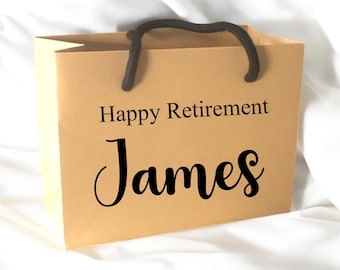 Kraft Brown Happy Retirement Custom Name Gift Bag With Rope Handle - Small Medium Large