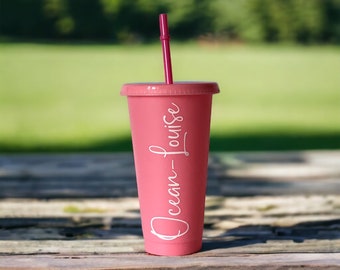 Personalised Pink Cold Cup: 24oz Reusable Tumbler With Lid and Straw
