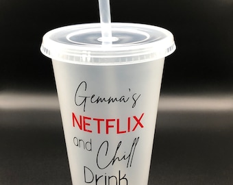 Clear Frosted Cold Cup | 24oz | With Lid And Straw | Reusable | Personalised Gift For Him Her Kids Friend Family | Movies and Chill