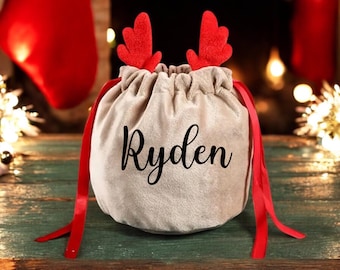 Personalised Reindeer Red Antler Treat Bag: Christmas Favour, Stocking Filler