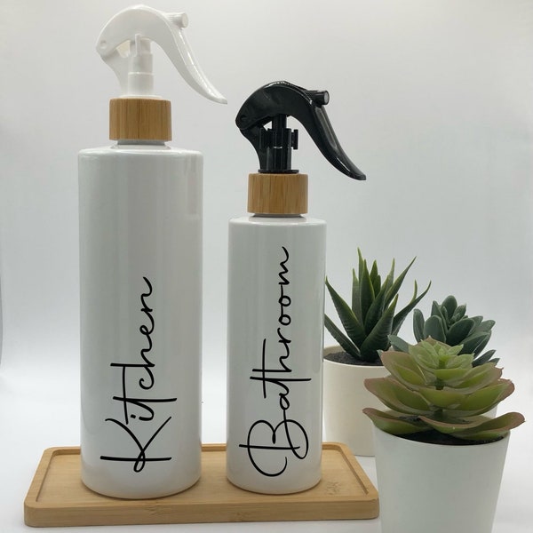 White Tubular Bottle with Black or White Bamboo Trigger Spray | 500ml Refillable Reusable Plastic Dispenser | Personalised With Any Word |