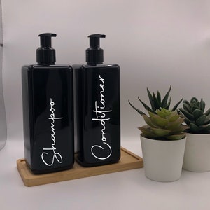 Black Square Bottle with Gloss Black Pump | 250ml/500ml Refillable Reusable Plastic Dispenser| Personalised With Any Word| kitchen Bathroom