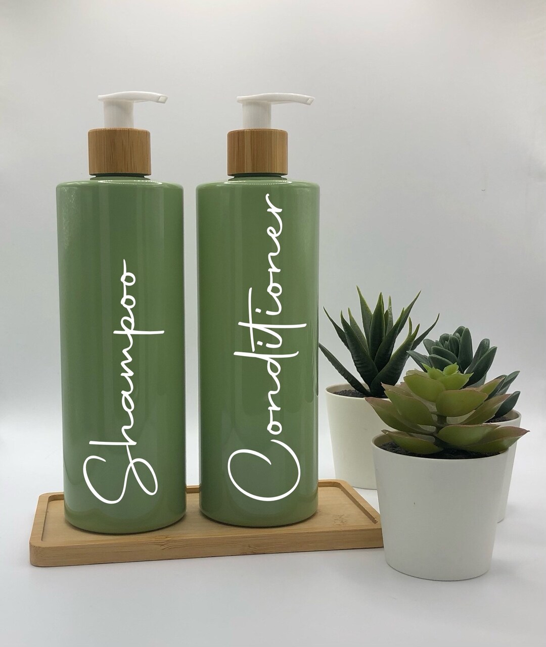 Sage Green Bottle With White Bamboo Pump 500ml Refillable Reusable Plastic Dispenser ...