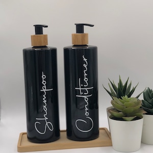 Black Tubular Bottle with Black Bamboo Pump | 250ml/500ml | Refillable Reusable Plastic Dispenser | Personalised With Any Word Lotion Liquid