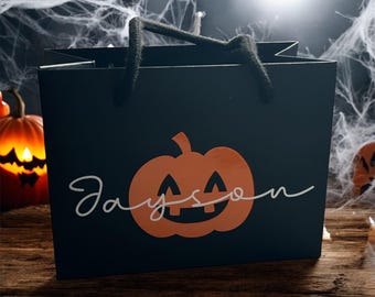 Black Halloween Pumpkin Custom Name Gift Bag with Rope Handle - Small Medium Large