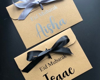 Enveloppe cadeau personnalisée Eid Mubarak Kraft avec ruban | Argent/Bon | proches | Beaucoup de couleurs de ruban disponibles | Nom