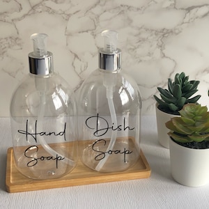 Clear Bell Bottle with Silver/Clear Pump  | 500ml Refillable Reusable Plastic Dispenser | With/Without Bamboo Tray | Any Word | Pump Bottle