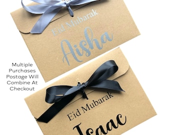 Personalised Eid Mubarak Kraft Brown Money/Voucher Envelope: Satin Ribbon Gift Card Holder