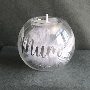 Personalised Memorial Glass Candle Holder Tea Light Holder With White Feathers Lost Loved Ones Mum,Dad,Nan, Grandad, Any Name image 1