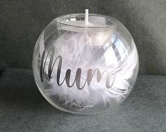 Personalised Memorial Glass Candle Holder | Tea Light Holder | With White Feathers Lost Loved Ones Mum,Dad,Nan, Grandad, Any Name