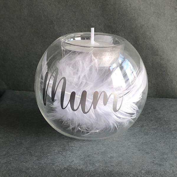 Personalised Memorial Glass Candle Holder | Tea Light Holder | With White Feathers Lost Loved Ones Mum,Dad,Nan, Grandad, Any Name