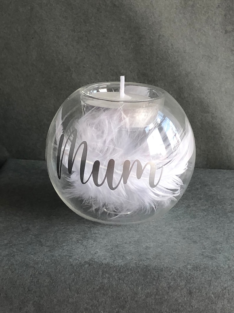 Personalised Memorial Glass Candle Holder Tea Light Holder With White Feathers Lost Loved Ones Mum,Dad,Nan, Grandad, Any Name image 1