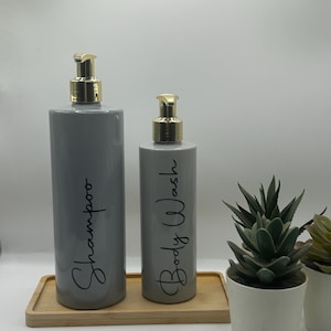 Grey Tubular Bottle with Gold Pump | 250ml/500ml Refillable Reusable Plastic Dispenser | Personalised With Any Word | Lotion Pump Bottle