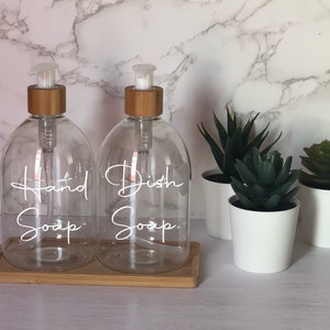 Clear Bell Bottle with White Bamboo Pump | 500ml Refillable Reusable Plastic Dispenser | Any Word | With/Without Bamboo Tray