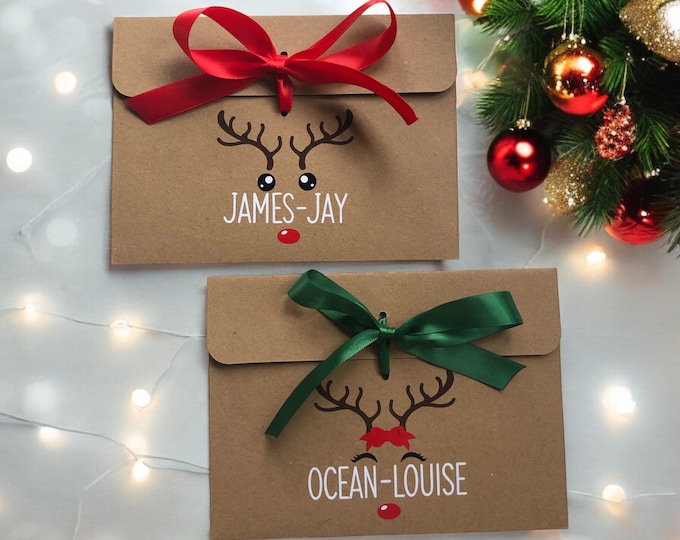Personalised Reindeer Kraft Brown Money/Voucher Gift Envelope with Satin Ribbon