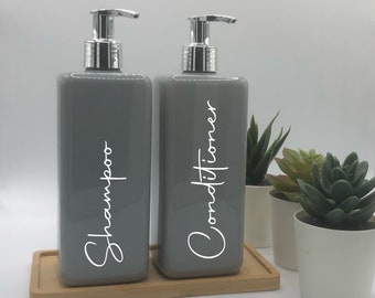 Graue eckige Flasche mit silberner Pumpe 250ml/500ml | Nachfüllbarer wiederverwendbarer Kunststoffspender | Personalisiert mit jedem Wort | Küche/Badezimmer