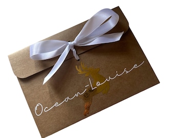Personalised Reindeer Money/Voucher Envelope: Kraft Brown with Satin Ribbon