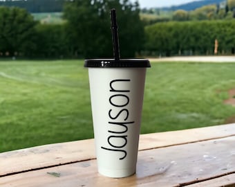 White Matte Cold Cup | 24oz | With Black Lid And Straw | Reusable | Personalised Gift | Kids Friend Family | Party | Wedding | Birthday