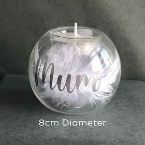 Personalised 8cm Diameter Memorial Glass Candle Holder | Tea Light Holder With White Feathers Lost Loved Ones Mum,Dad,Nan, Grandad,Any Name