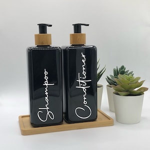 Black Square Bottle with Black Bamboo Pump | 250ml/500ml | Refillable Reusable Plastic Dispenser | Personalised Any Word | Kitchen Bathroom