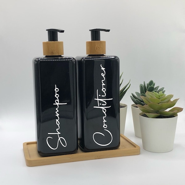 Black Square Bottle with Black Bamboo Pump | 250ml/500ml | Refillable Reusable Plastic Dispenser | Personalised Any Word | Kitchen Bathroom