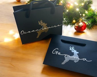 Christmas Reindeer Black Gift Bag with Rope Handle - Custom Name