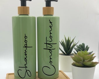 Sage Green Bottle with Black Bamboo Pump |500ml Refillable Reusable Plastic Dispenser | Personalised With Any Word |Kitchen/Bathroom