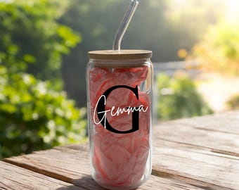Personalised Glass Tumbler With Straw and Bamboo Lid- Initial & Name