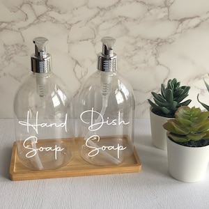 Clear Bell Bottle with Silver Pump  | 500ml Refillable Reusable Plastic Dispenser | With/Without Bamboo Tray | Personalised With Any Word |