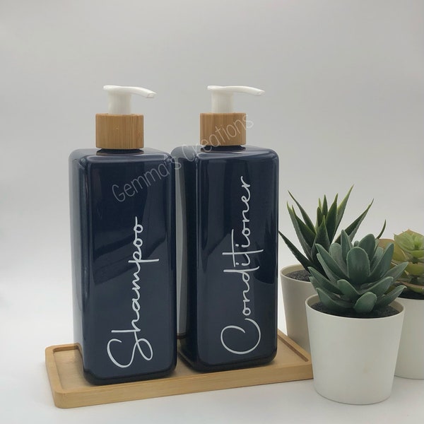 Navy Blue Square Bottle With White Bamboo Pump | 500ml Refillable Reusable Soap Dispenser Any Word | Shampoo Conditioner Wash Liquid