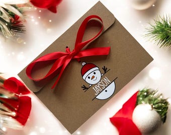 Personalised Snowman Money/Voucher Envelope: Kraft Brown with Satin Ribbon