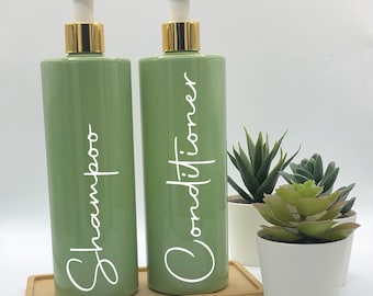 Sage Green Bottle with White/Gold Pump |500ml Refillable Reusable Plastic Dispenser | Personalised With Any Word |Kitchen/Bathroom