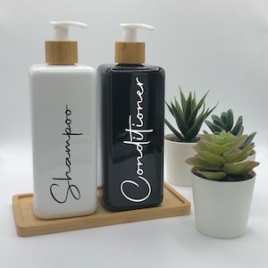 Black & White Square Bottles With White Bamboo Pumps | 250ml/500ml Refillable Reusable Plastic Bottle | Any Word | Bamboo Tray