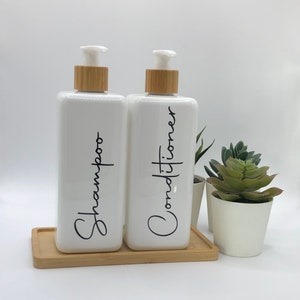White Square Bottle with White Bamboo Pump | 250ml/500ml | Refillable Reusable Plastic Dispenser | Any Word | Tidy Kitchen Bathroom Home