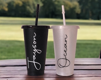 Personalised Glitter Cold Cup: 24oz Reusable Tumbler With Lid & Straw