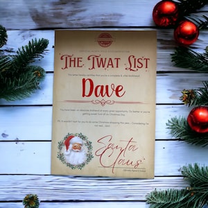 Lista de Tw@t de broma solo para adultos / Carta de Papá Noel / Certificado A4 personalizado con nombre / Caja de Nochebuena / Diversión grosera