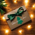 Personalised Christmas Tree Money/Voucher Envelope: Kraft Brown with Satin Ribbon