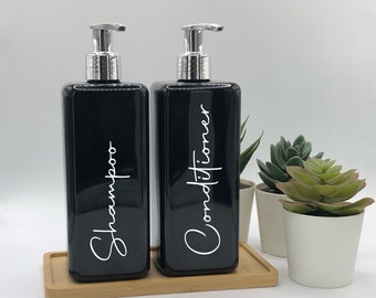Black Square Bottle with Silver Pump | 250ml/500ml Refillable Reusable Plastic Dispenser | Personalised With Any Word | Kitchen Bathroom