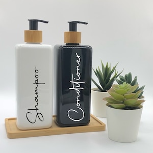 Black & White Square Bottles With Black Bamboo Pumps | 250ml/500ml Refillable Reusable Plastic Bottle | Any Word | Bamboo Tray