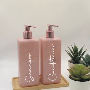 Pink Square Bottle with Pink Rose Gold Pump | 250ml/500ml Refillable Reusable Plastic Dispenser |Personalised With Any Word Pump Bottle