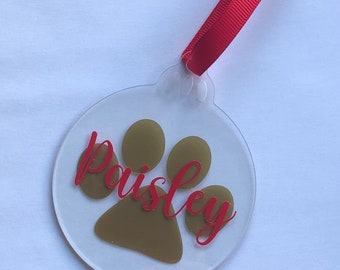 Personalised Pet Paw Bauble: Acrylic Christmas Tree Decoration With Red Ribbon