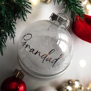 Personalised Large Clear White Feather Filled Plastic Bauble | Christmas Decoration | Tree |  Loved Ones | Gift Memorial | Memory Family
