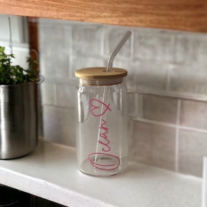 Glass Can Tumbler Cup 16oz Bamboo Lid And Glass Straw Personalised With Any Name / Word With Or Without Heart Iced Coffee