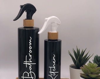 Black Tubular Bottle with Black or White Bamboo Trigger Spray | 250ml/500ml Refillable Reusable Plastic Dispenser | With Any Word |